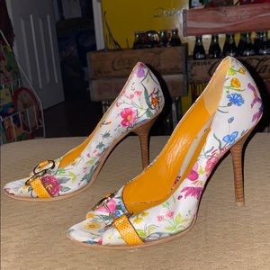 Gucci Floral Heels with Orange Accents